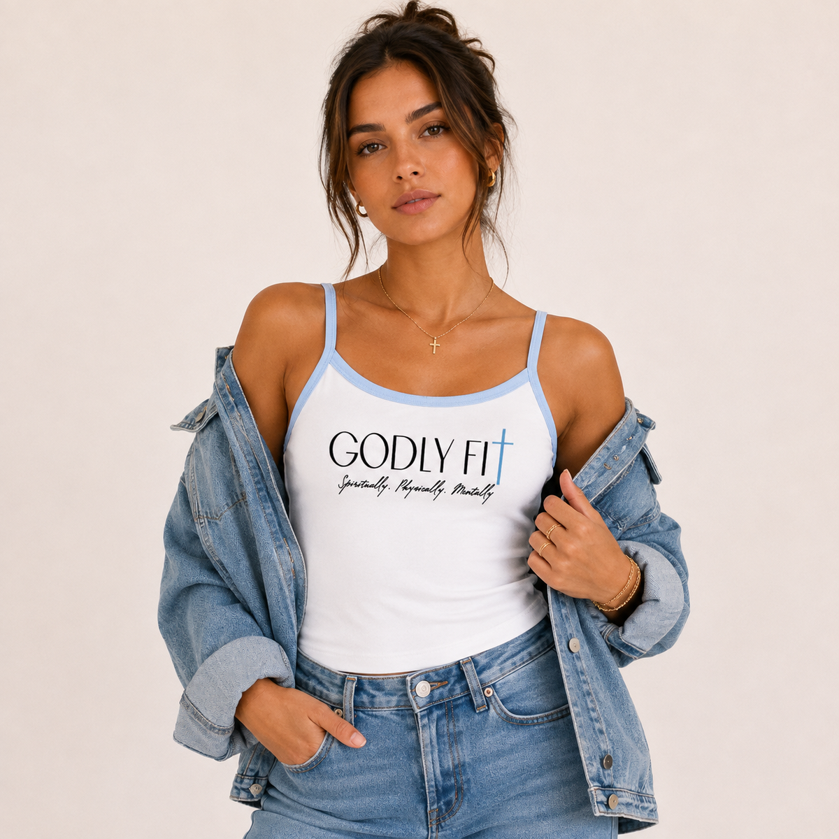 "GF" Baby Rib Spaghetti White/Blue Tank