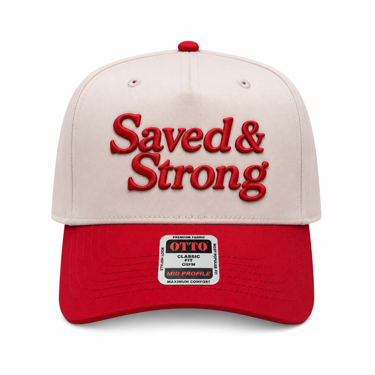 "Saved & Strong" Natural/Red Five Panel Structured Hat