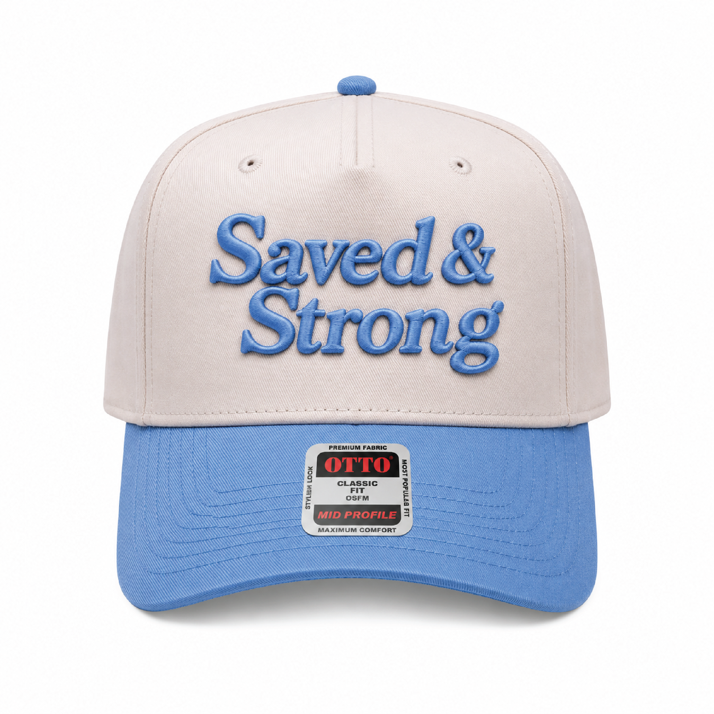 "Saved & Strong" Natural/Powder Blue Five Panel Structured Hat