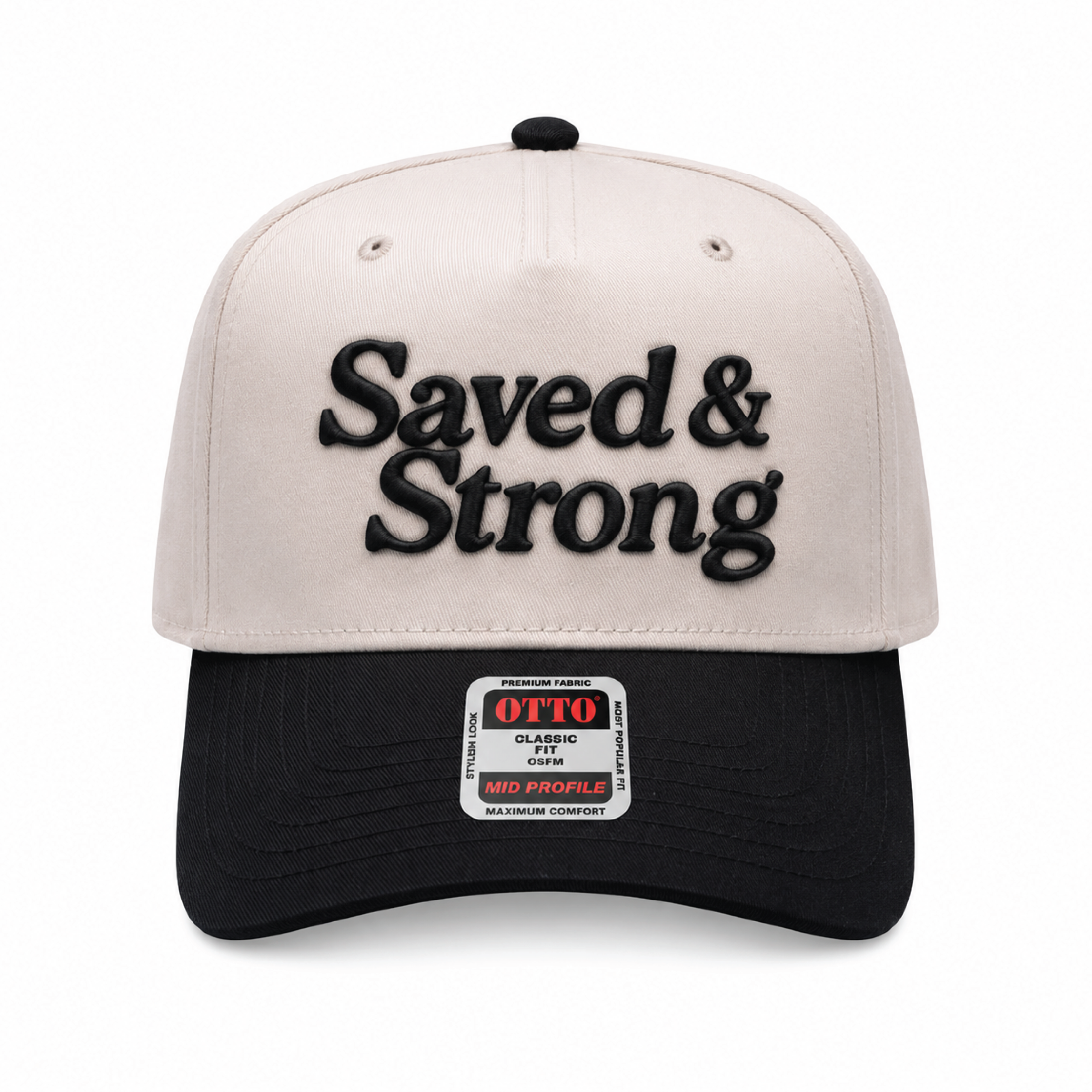 "Saved & Strong" Natural/Black Five Panel Structured Hat