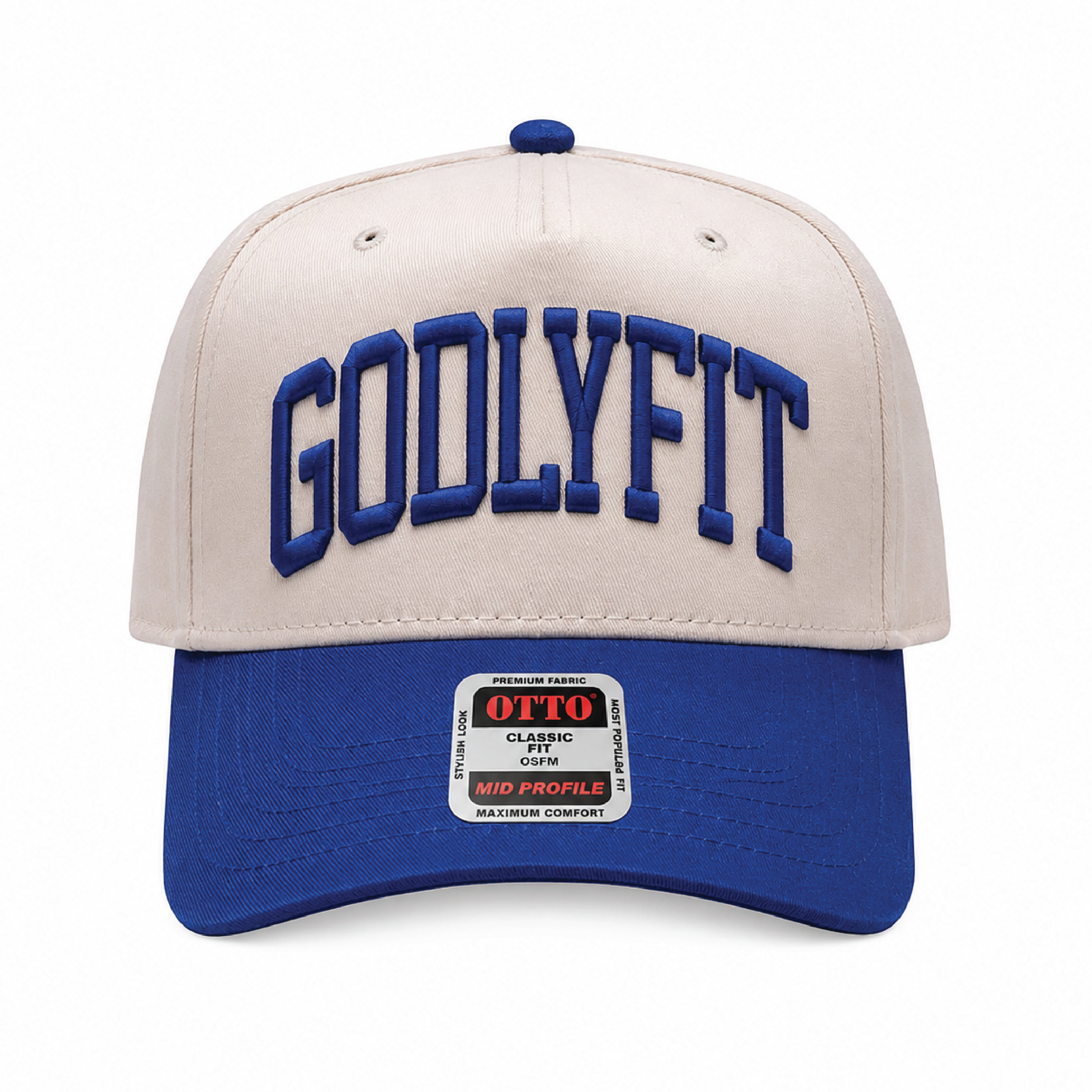 "Varsity" Natural/Royal Five Panel Structured Hat